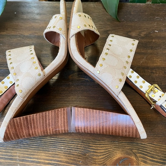 Coach Rylie Beige C Monogram Fabric Studded Leather Block Sandal Heels - Picture 8 of 12